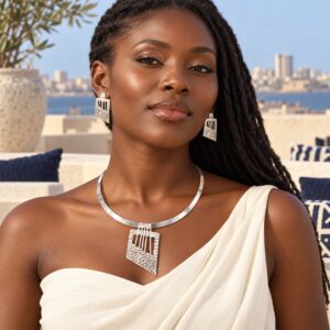 Parure Cadence en argent 925 — Porté · mise en scène au Sénégal (mise en scène générée par IA)
